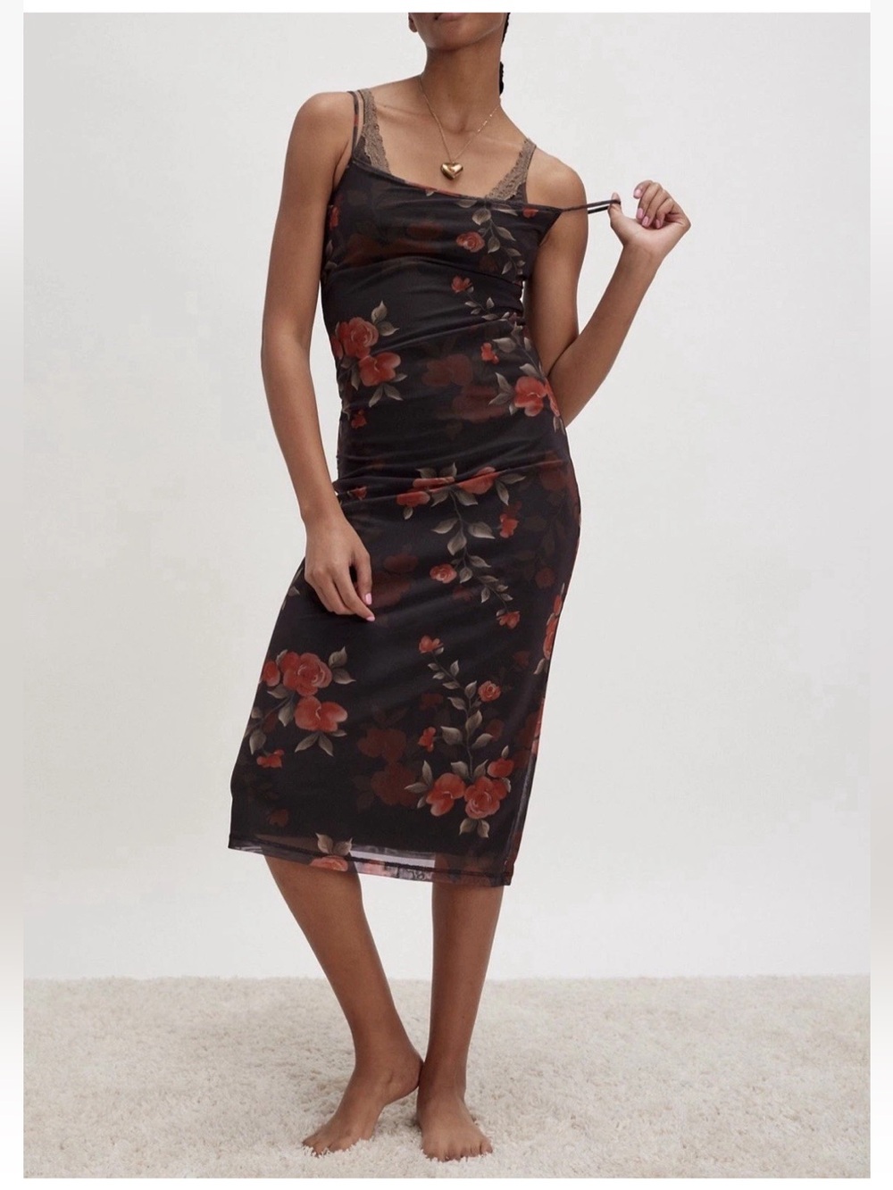 Free People Watercolor Rose Mesh Lined Adjustable Straps Nori Slip Dress Size L